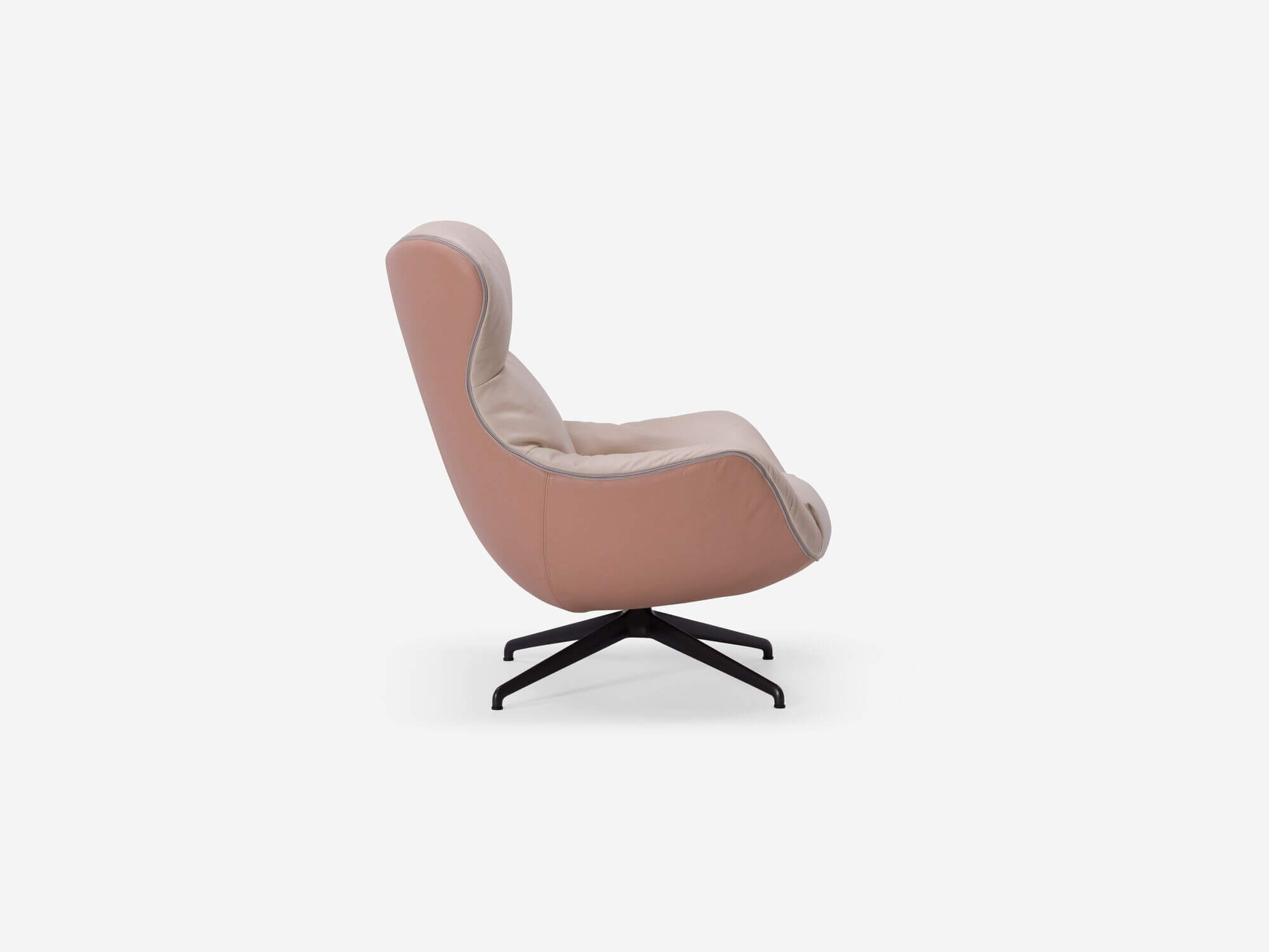 Side view of pink custom upholstered swivel chair